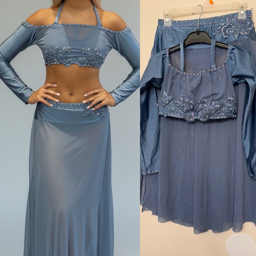 Custom solo dance costume 2 piece light blue illusion skirt SA-Small adult